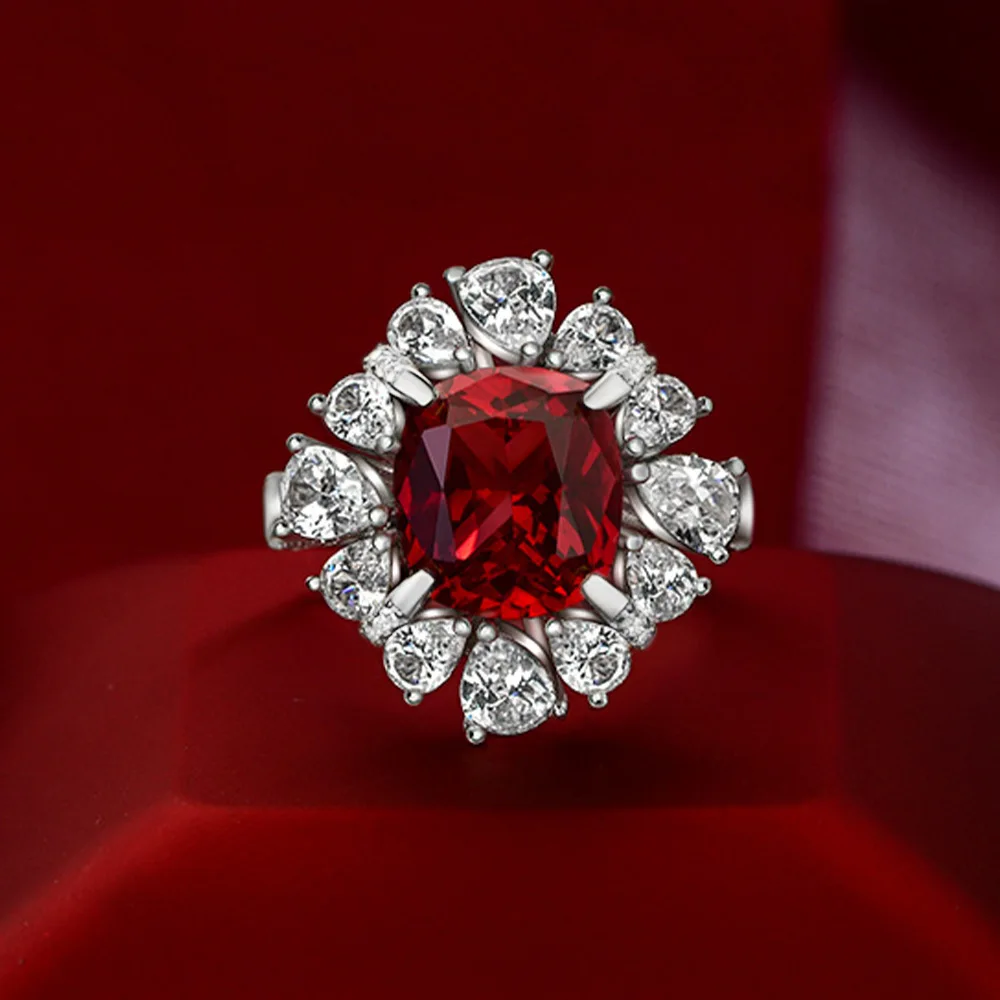 Jewelry 2024 New Simulated Ruby 6 Carat Fat Square 10 * 11 Luxury Full Diamond 925 Sterling Silver Ring