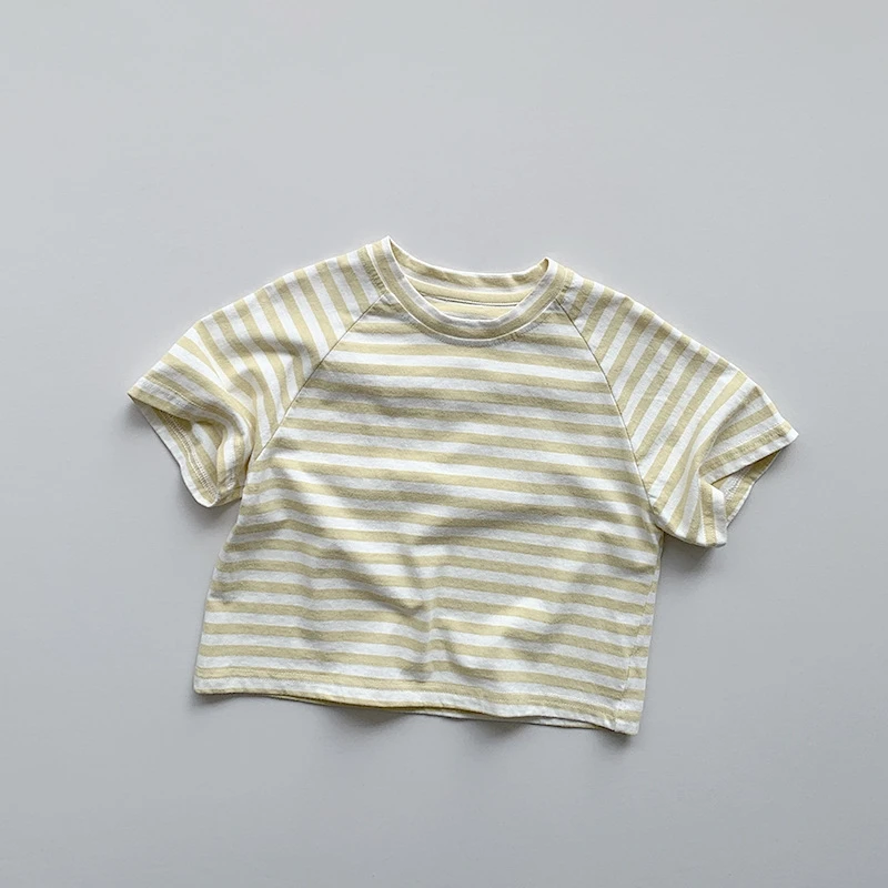 Summer Kids Clothing Macaron Color Children Short Sleeved Striped  New Boys Girls Linen Korean Casual Top Baby T-Shirt