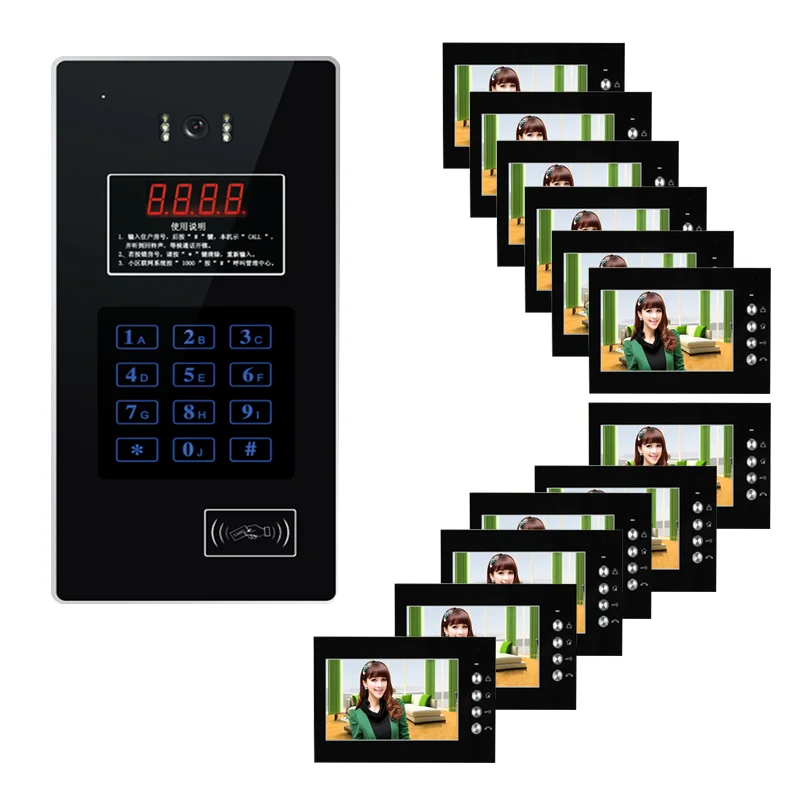 Night Vision Password Unlock ID IC Card Reader 12 Multi Apartment Building  Intercom Video Door Phone