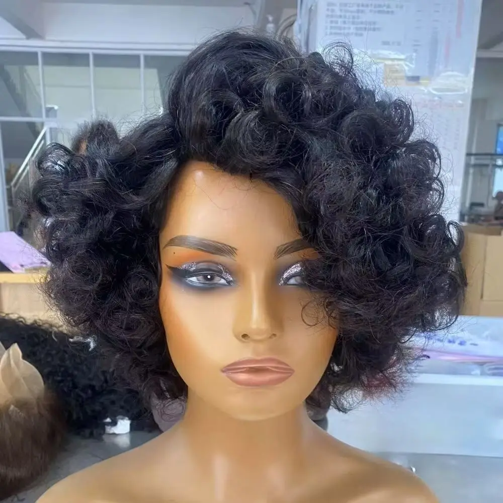 Double Drawn Wigs With Fringe Bouncy Curls Wig With Bang Fumi Curly Human Hair Short Machine Made Bouncy Curl Wigs For Women