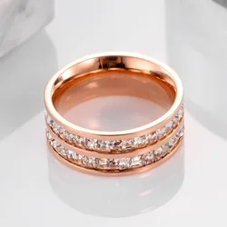 Trendy Zircon Rose Gold Couple Rings Jewelry Stainless Steel Single Double Row Zircon Rings