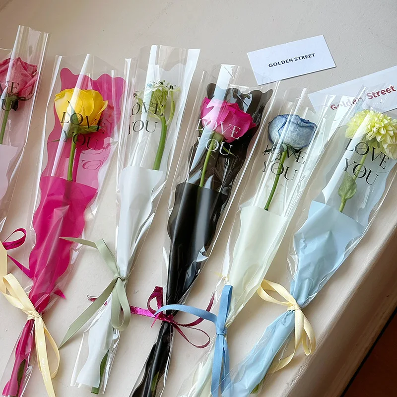 Hot Selling 14*40cm/pcs 20pcs/lot Opp Plastic Flower Bag Kraft Paper Rose Flower Sleeve For Florist Materials