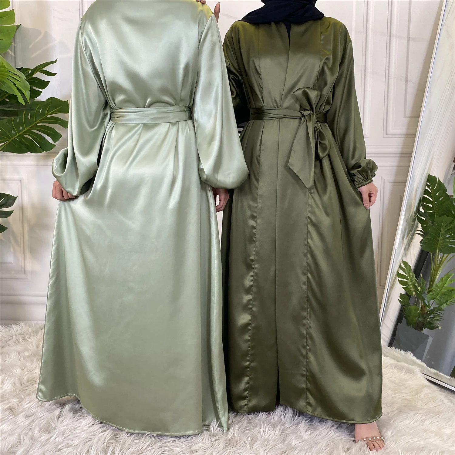 1917# New High Quality Satin Islamic Women Solid Color Fashion Clothing Front Open Abaya Long Kaftan Muslim Dress Dubai
