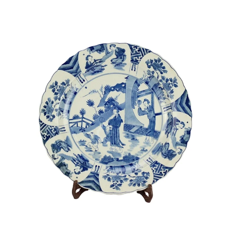 RYQQ44 Blue and white hand painted Chinese ancient ladies pattern ceramic dish decorative plate