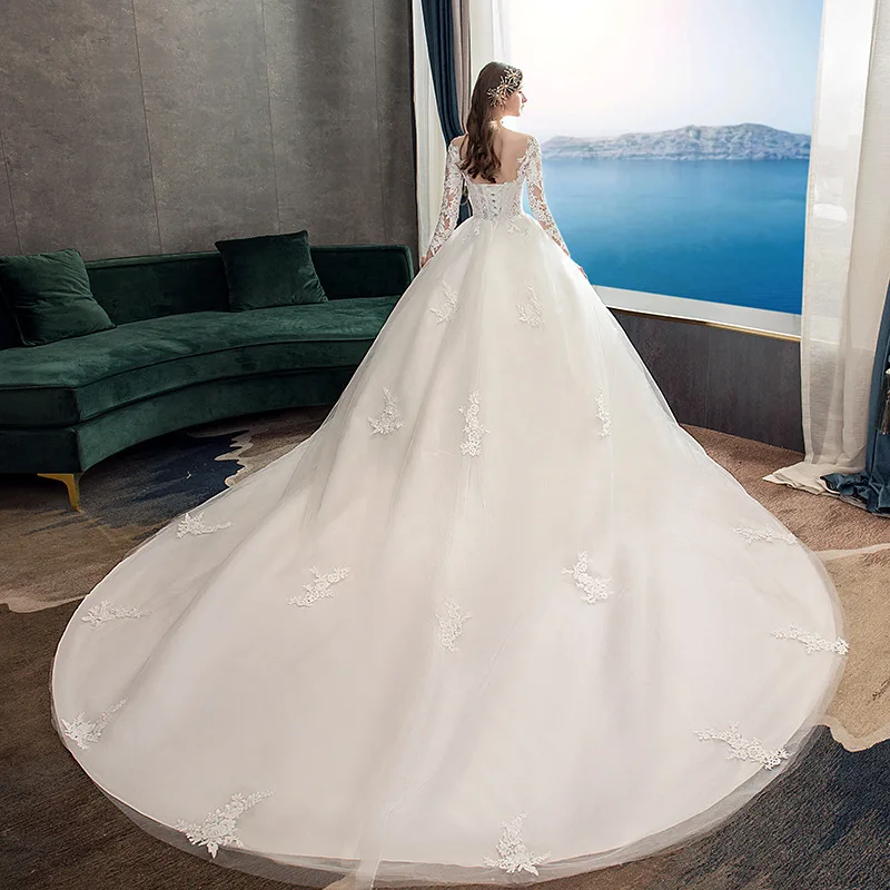 New Bride Master Wedding Dress Maid Lace Luxury Long Sleeves Dream Plus Tail Bridal New Lace Luxurious Fantasy Large Size
