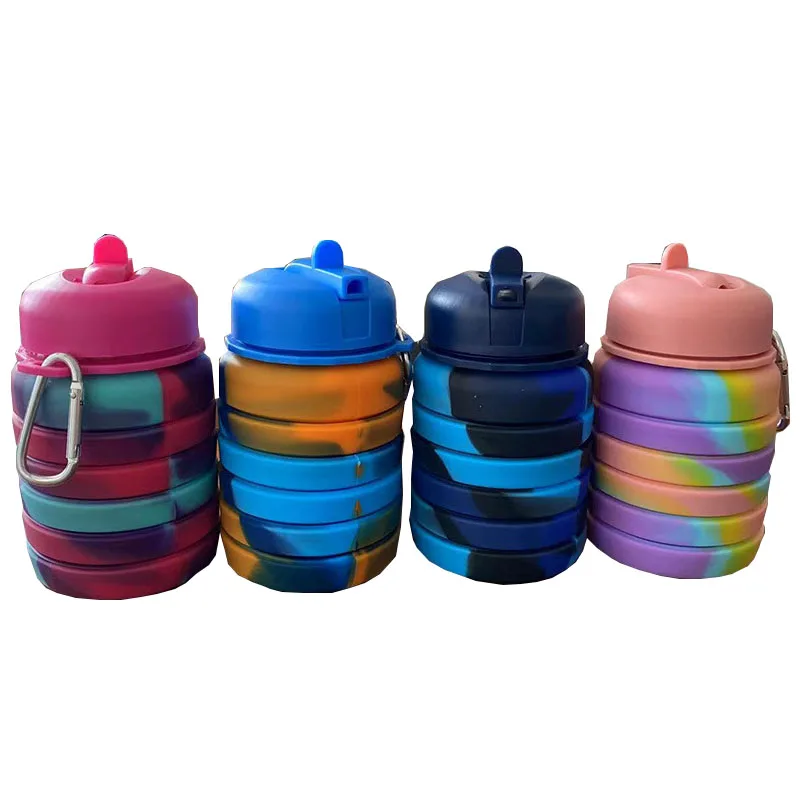 Popular Mix Color 500ML Food Grade Silicone Collapsible Water Bottle Camping Hiking With Carabiner Silicone Water Bottle