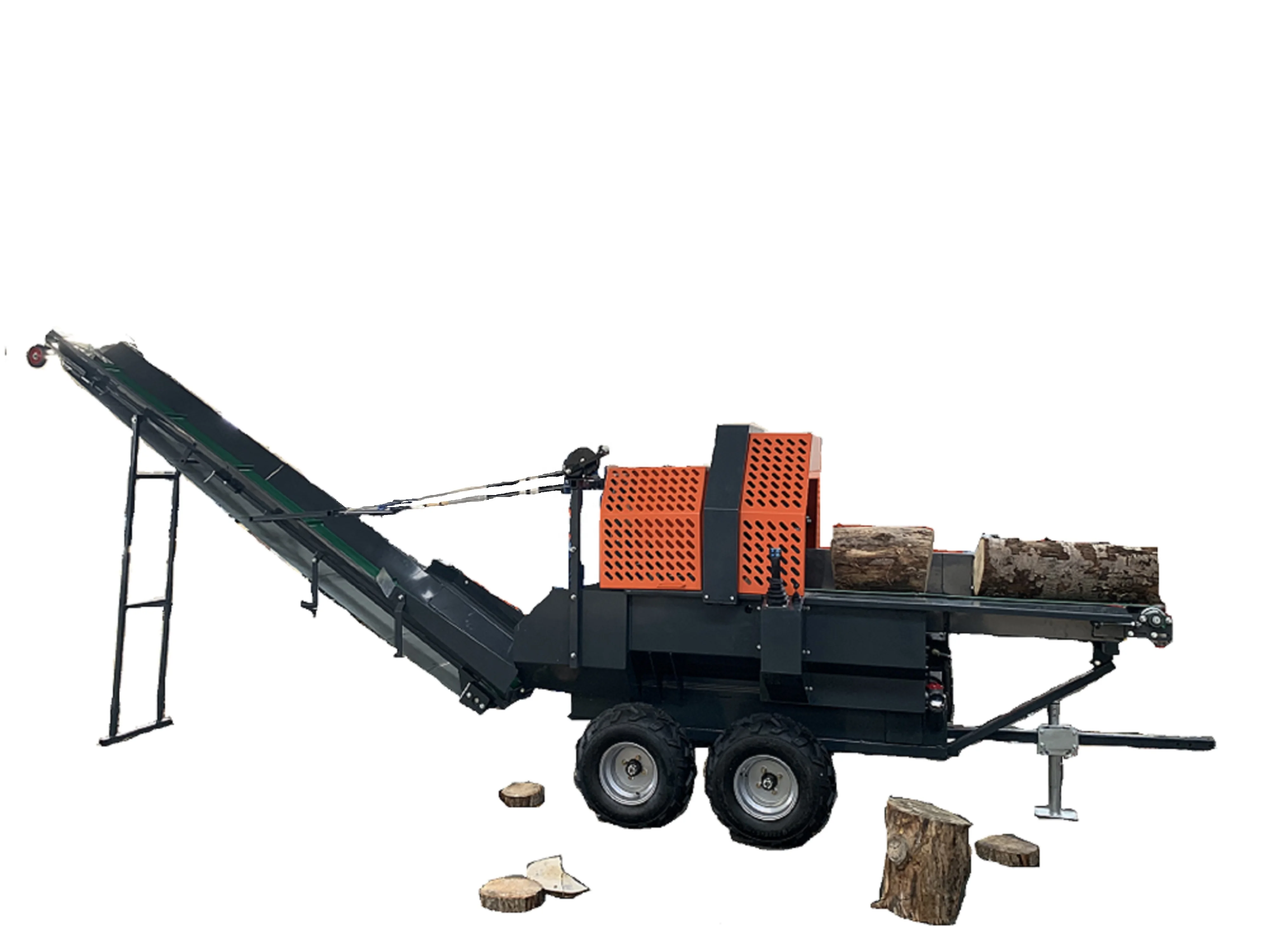 Gasoline powered firewood processor with joystick controls the feeding, sawing, and splitting of logs