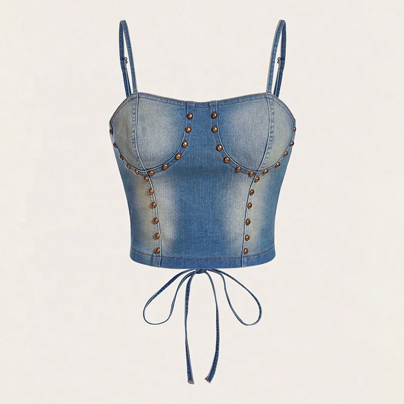 GDTEX ODM OEM custom women denim bra top studded detail cami denim top women