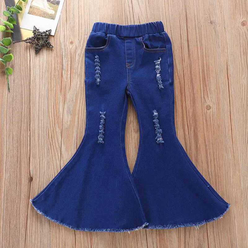 Kids Girls Denim Pants Child Trousers Ripped Jeans for Girls Boot Cut Pants Flare Jeans Toddler Bell Bottom Trousers Long Pants