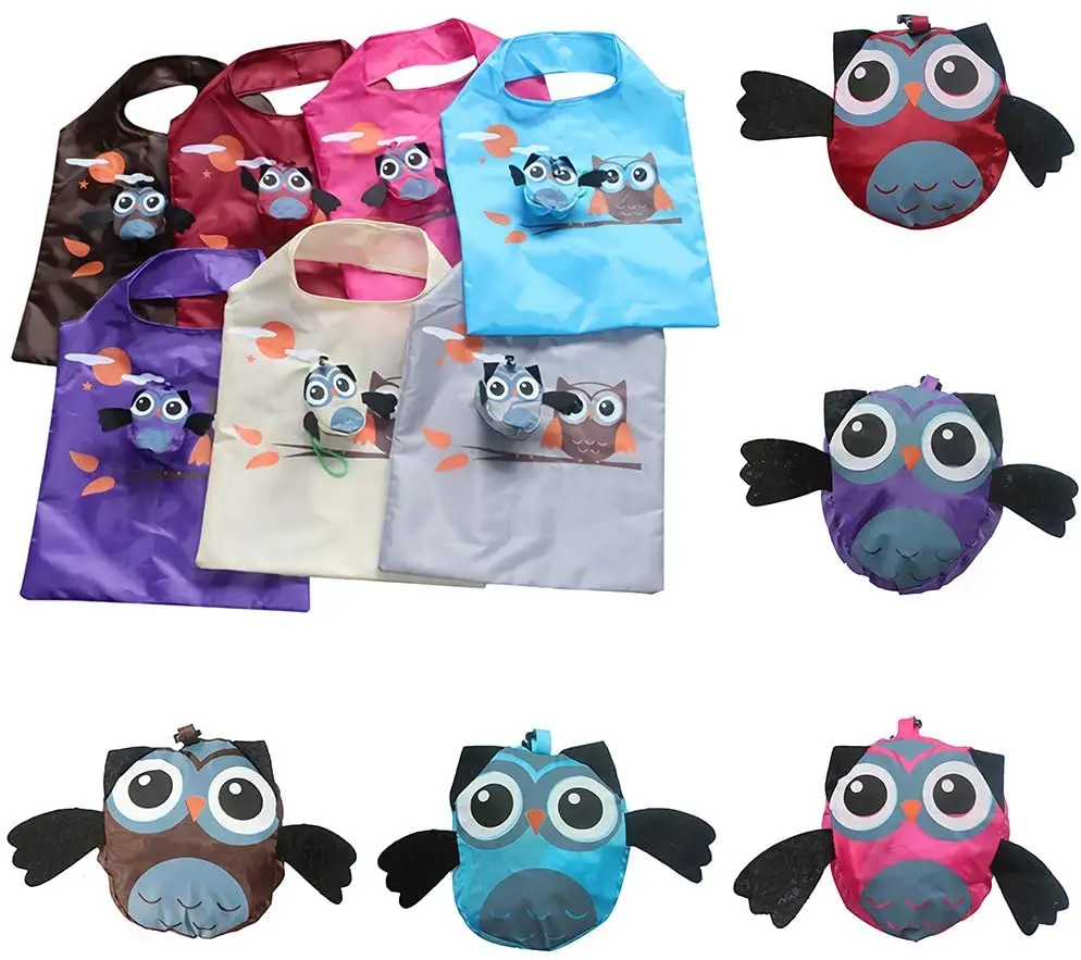 Eco Friendly Reusable Shopping Tote Bags Cute Cartoon Owl Foldable Grocery Bag with Pouch