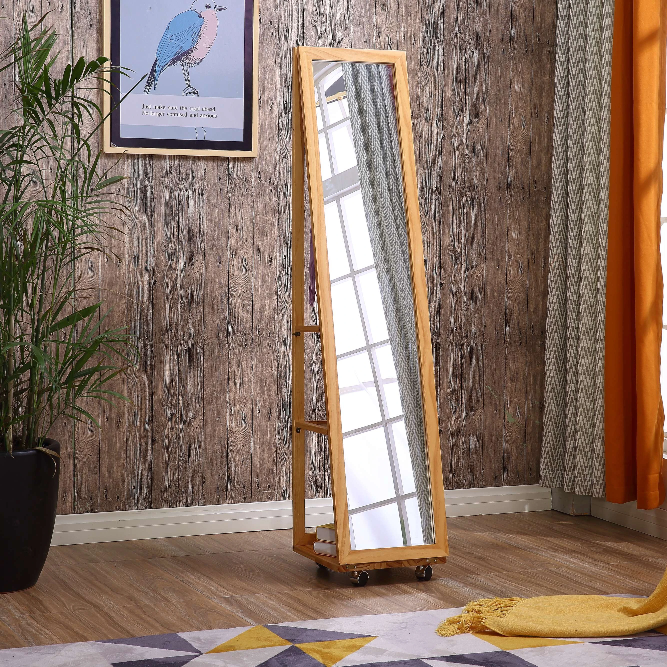 
hot sell wooden framed caster mirror with shelves made in China 