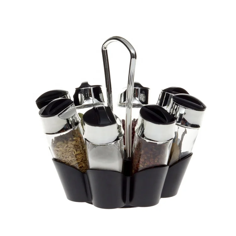 
8 glass bottles spice rack stand holder for cabinet and kitchen 