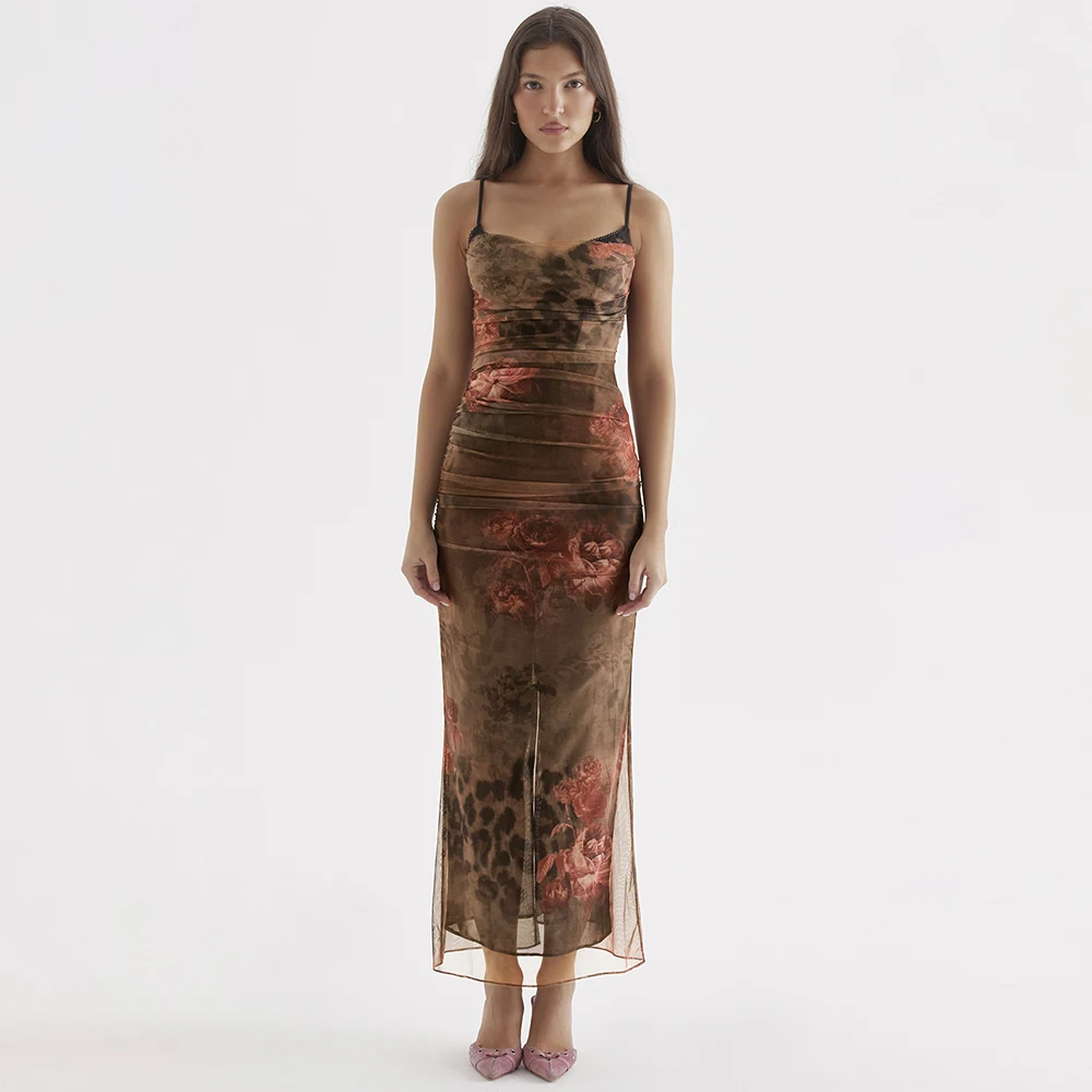 Женская одежда, оптовая продажа, роскошные сетчатые платья с принтом, воротник хомут, на тонких бретельках, с разрезом, с рюшами, вечерние платья-Корсеты