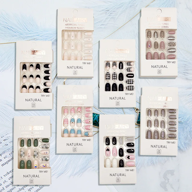 24 Colors Full Cover Almond Shape False Diamond Nails Art Tips Coffin Press On Nail 30 PCS Short Fake Nails