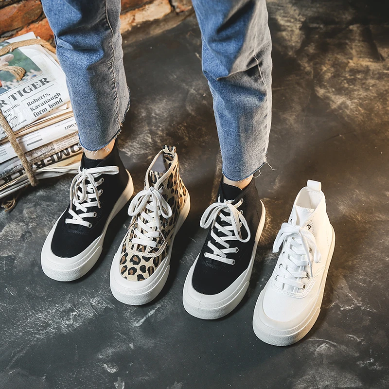 
2021 fashion sneakers leopard print casual canvas flat women shoes high top for girls women 
