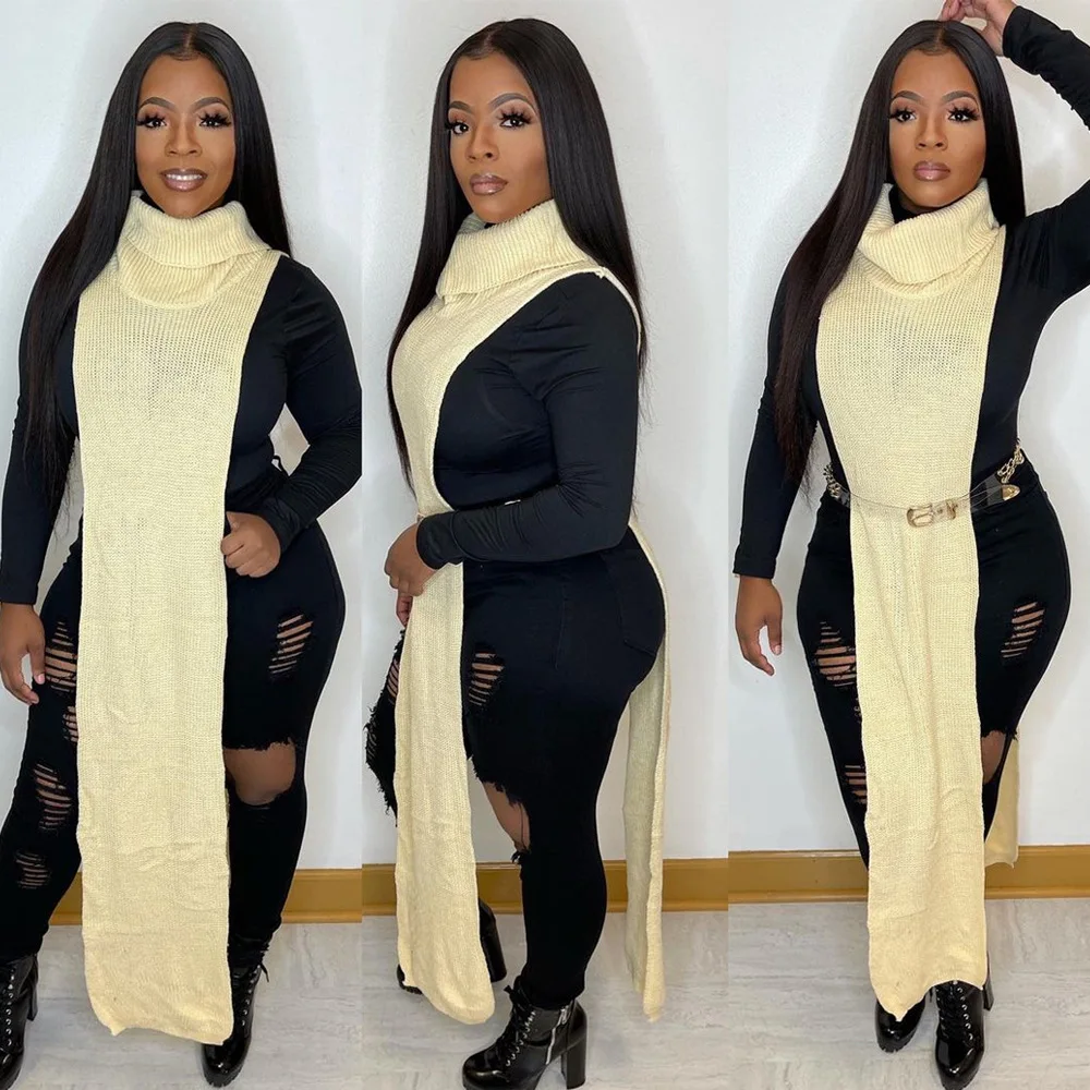 Solid Color Sweater Knit Boutique Clothing Dresses Sleeveless Turtleneck Shirt Top Nigh Club Shape Wear Split Sexy Dress Women