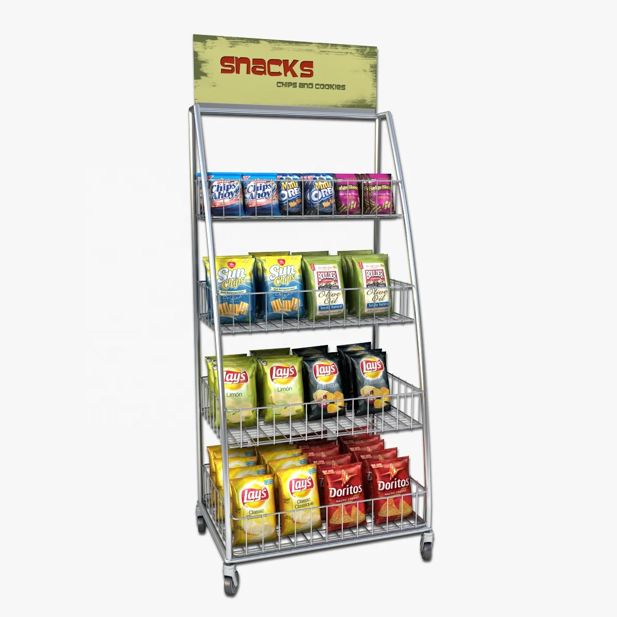 4 Shelves Potato Chips Floor Metal Wire Stand Grocery Bread Retail Display Rack