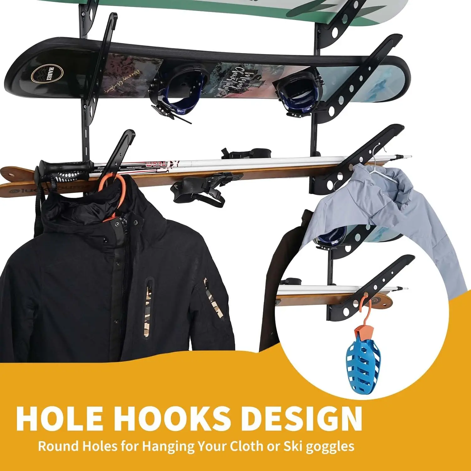 Adjustable Storage Rack for Ski Surfboard Wakeboard Snowboard-Black Wall Mount Display 5 Board Capacity