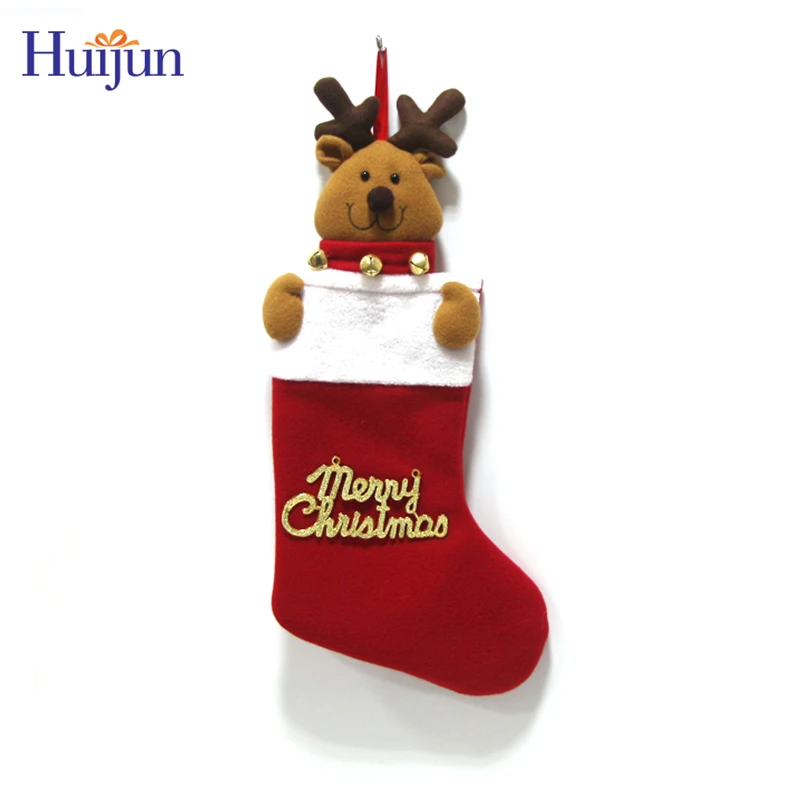 China Manufacture Set of 4 3D Fleece Santa Snowman Elk Penguin Christmas Stockings For Christmas Decoration