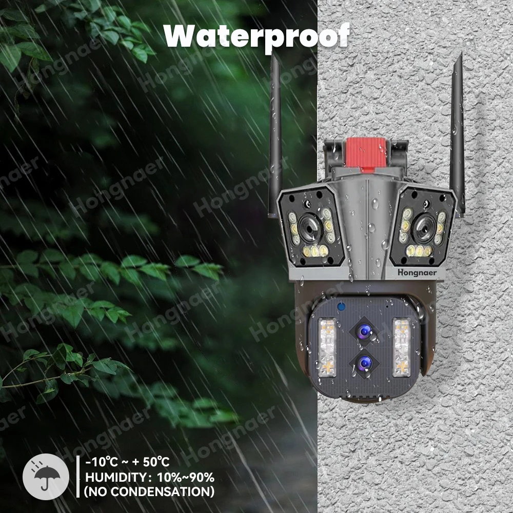 Hongnaer 8K WiFi Camera Outdoor 10X Zoom Surveillance Four Lens Three Screen Security Camera Video CCTV AI Tracking Wide Angle