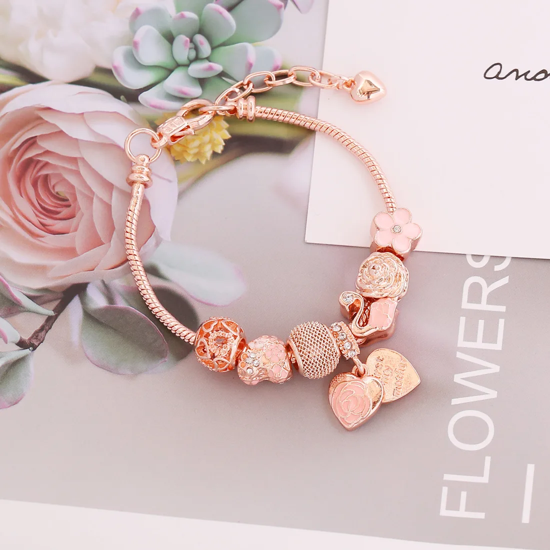 Wholesale Rose Gold Enamel Metal Big Hole Beaded Bracelet Heart Charm Bracelet for Women Jewelry