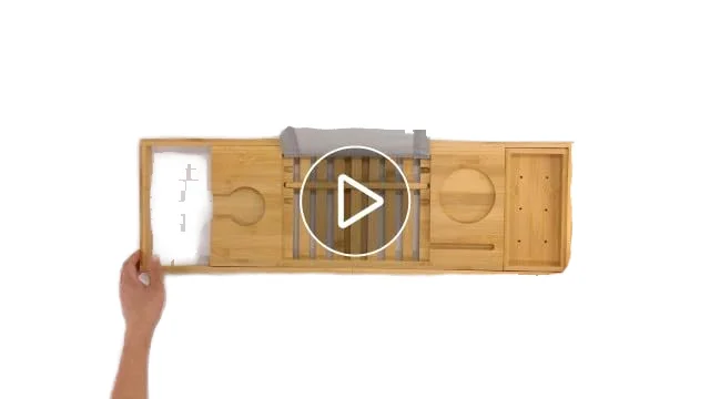 Adjustable Two-Piece Bamboo Bath Organizer Tray Bathroom Bathtub Table Caddy with Book Tablet Wine Glass Cup & Towel Holder