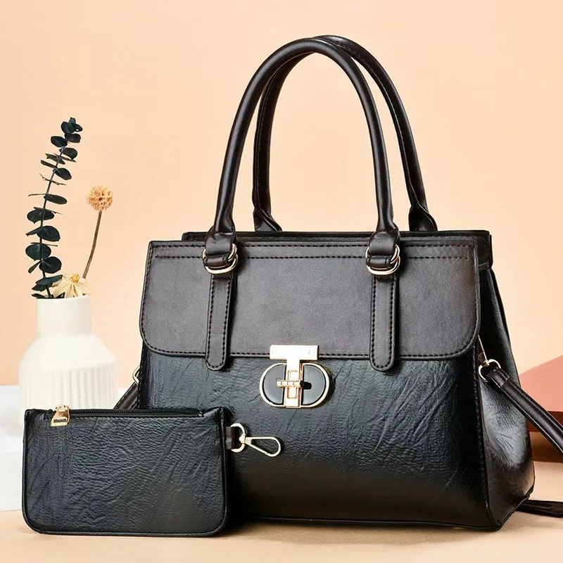 Hot Selling European Style Woman Handbags Retro Leather Woman Bags with Wallet High Quality Large Bag 2 pcs Set