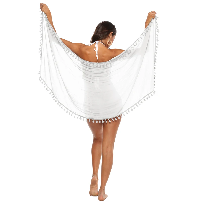 Swimsuit One-piece Sexy Pareo Dress Multi Wear Cover up Solid Color Tassel Trim Pareo Sarong Wrap Women Beach Sarongs