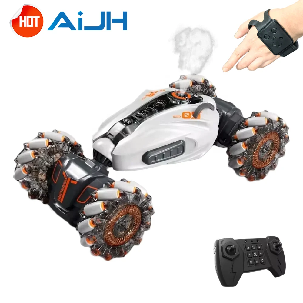 AiJH 4WD Remote Control Gesture Sensor Toy Cars Sided Rotating Off Road Vehicle 360  With Lights Music RC Spray Stunt Car