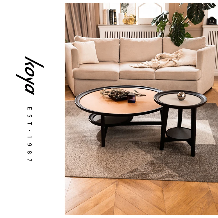 Modern Luxury Nordic Design Living Room Leather Top Wooden Round Center Table Coffee Table
