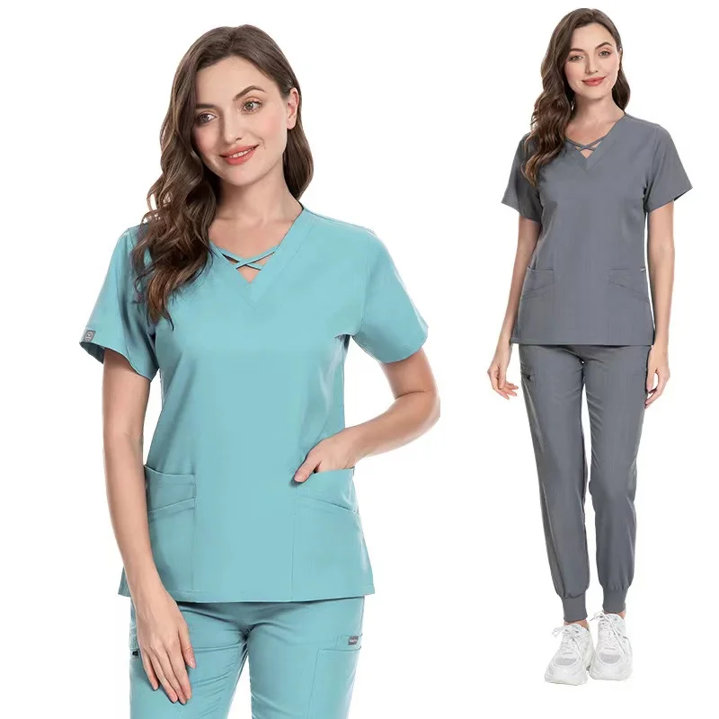 High quality beauty salon 94% polyester 6% spandex custom logo pet/dental hospital nurse doctor unisex scrubs uniform set