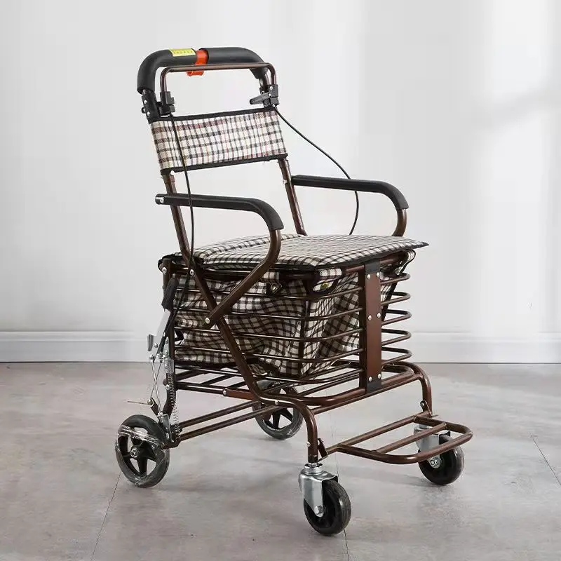 
Elderly walking folding shopping cart seat can sit, can push four wheels to buy vegetables, and can help walk a small cart 