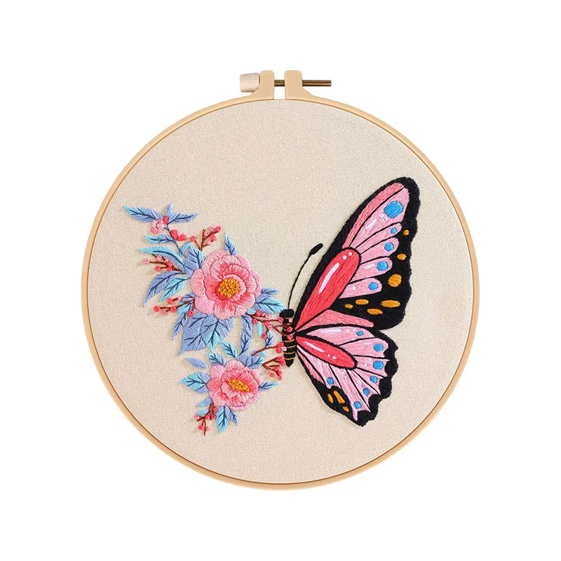 Wholesale DIY Butterfly Embroidery Kit For Beginner Floral Modern Plant Hand Embroidery Kit with Needlepoint Hoop DIY Craft Kit