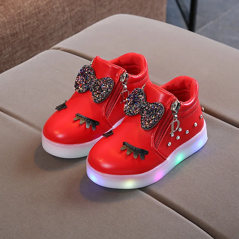 2022 Fashion Rhinestones Lights Kids Cartoon Bow Led Luminous Soft Bottom Girls Baby Shoes