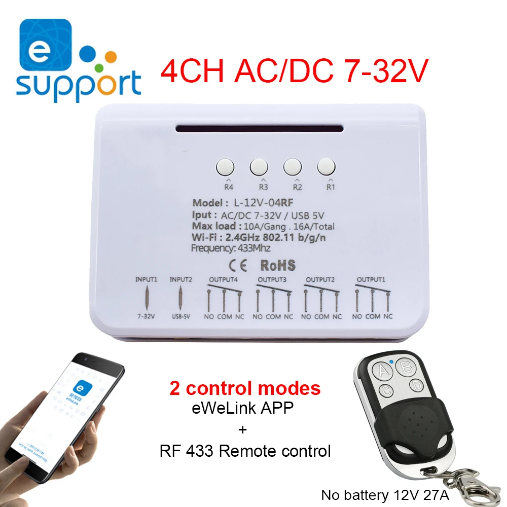4CH EWelink Smart Wireless Switch 7-32V 12V 24V WiFi2.4G USB 5V Relay Module RF Smart Home APP Remote Control