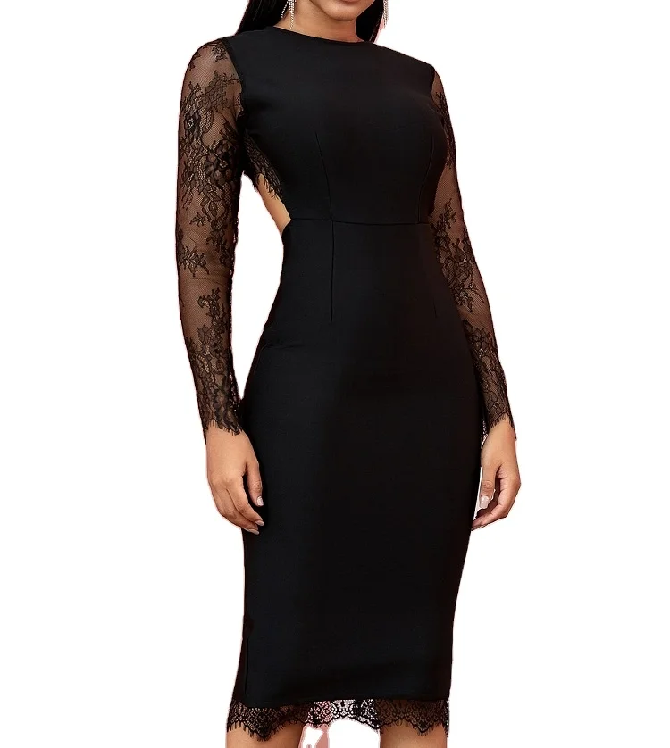 OEM/ODM New Hot Explosive Factory Wholesale Mesh Embroidery 2 pcs Party Black Sexy Long Sleeve Lace Fabric For Evening Dress