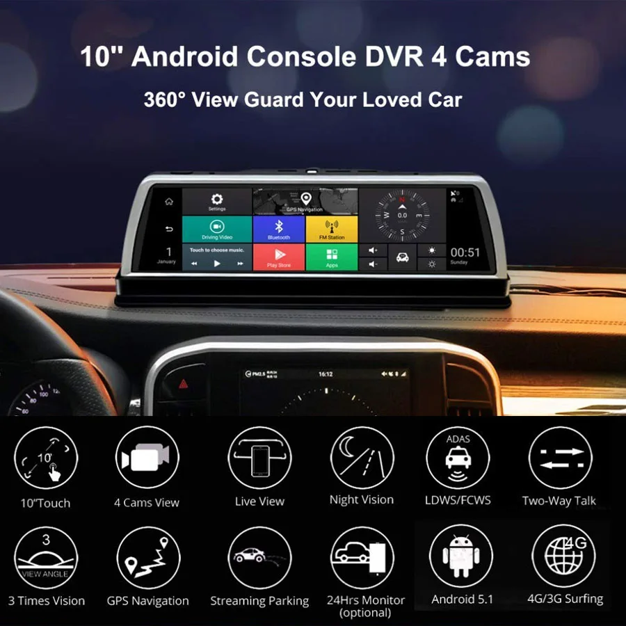 
4G WiFi Android ADAS Car DVR Dash Cam 10 inch Full HD 1080P 4 Lens 2GB+32GB Video Recorder with GPS Navigation Vehicle Camera 