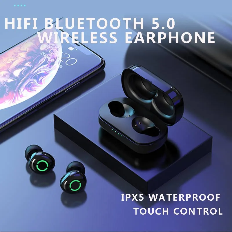 HIFI Stereo Waterproof Earbuds TWS Touch Control Headset Blue tooth 5.0 Wireless Earphones