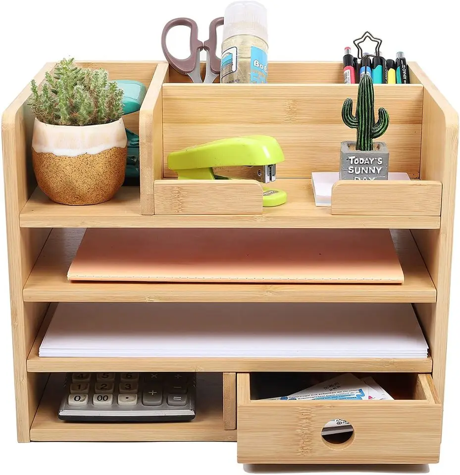 2022 desktop storage notes and pens organizer wooden bamboo home accessories office supplies desk organizer with drawer
