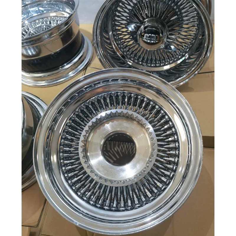 hot  sell wire rims 13 14 15 16 inch 13x7 14x7 100 Spoke Straight 24k Centre Gold Reverse Wire Wheels With Accessories Lowrider