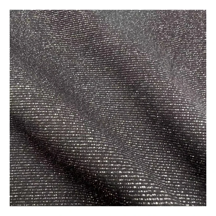 High quality 330gsm 65%polyester 20%rayon 10% silver lurex 6% spandex knitted TR silver stretch roma fabric