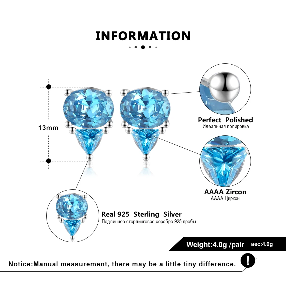 RINNTIN SE299 Natural Blue Topaz CZ 925 Sterling Silver Stud Earrings Blue Topaz Luxury Triangle Oval Cut Stone Earrings