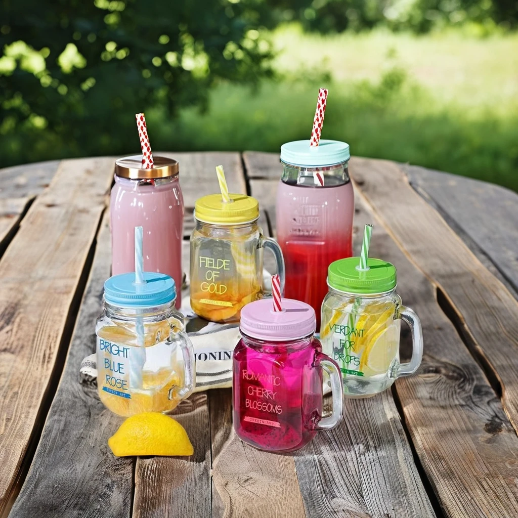 DD1843 16 oz Clear Drinking Glasses Cups with Handles Lid Straw for Iced Coffee Tea & Smoothies for Parties Glass Mason Jars