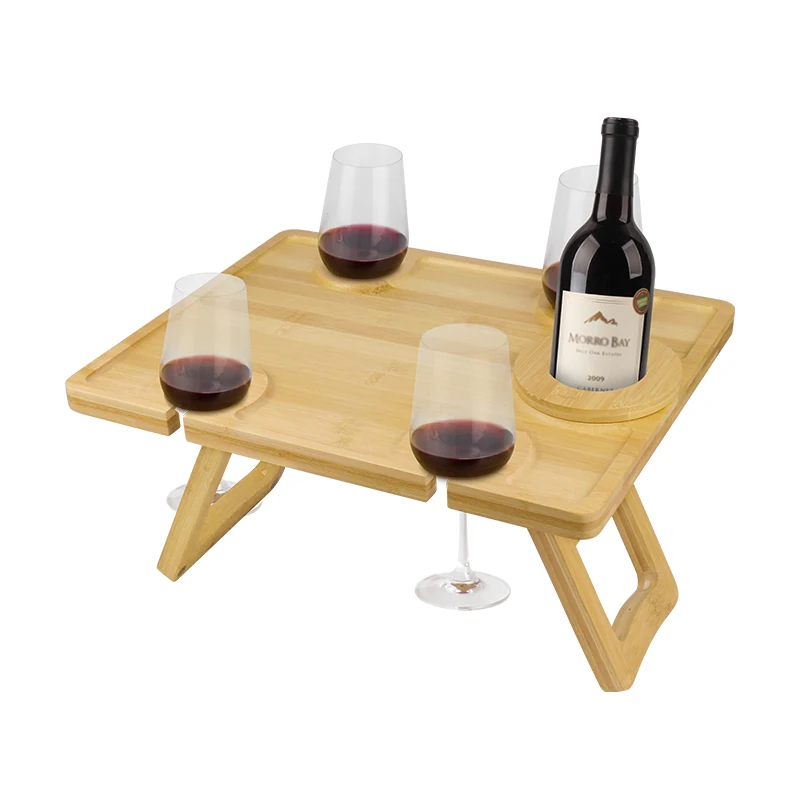 Outdoor Wine Picnic Table Large Folding Portable Bamboo Snack & Cheese Tray With 4 Wine Glasses Holder & Adjustable Wine Glass