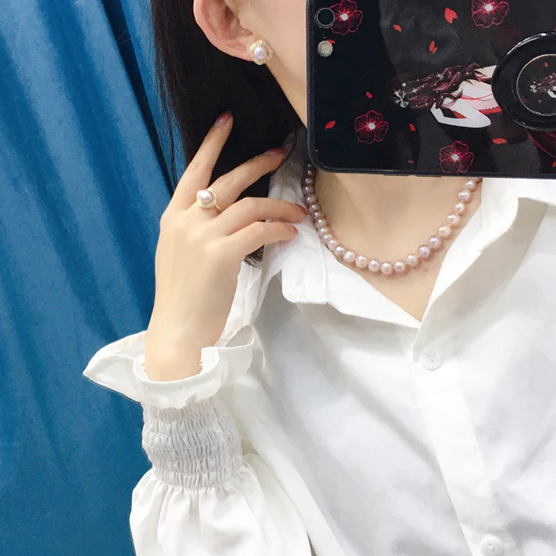 JC Crystal Good Quality 8-9mm Fresh Water Pearl Necklace Set