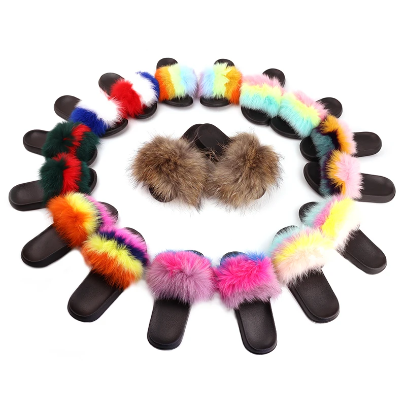 Лидер продаж, заводская цена, индивидуальный логотип, пушистые тапочки из натурального Лисьего меха и енота, пушистые меховые шлепанцы для женщин