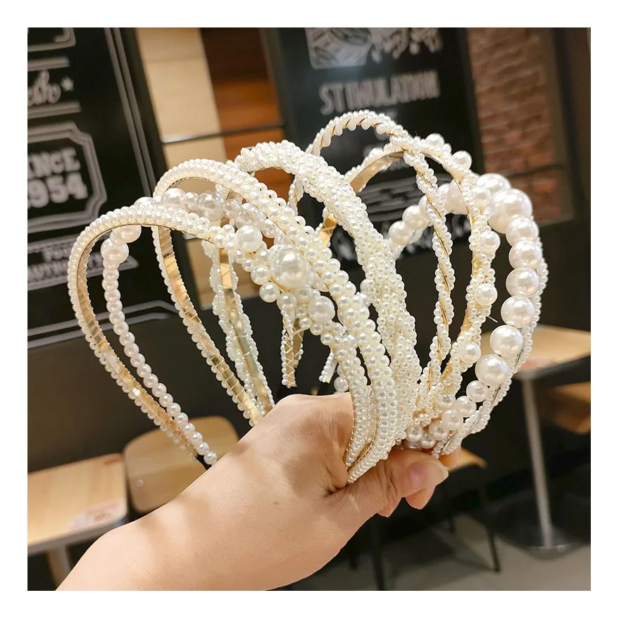 Оптовая продажа Корейская Ретро Повязка на голову с жемчугом дизайнерский ободок для волос под заказ металлические милые повязки Grace женщин