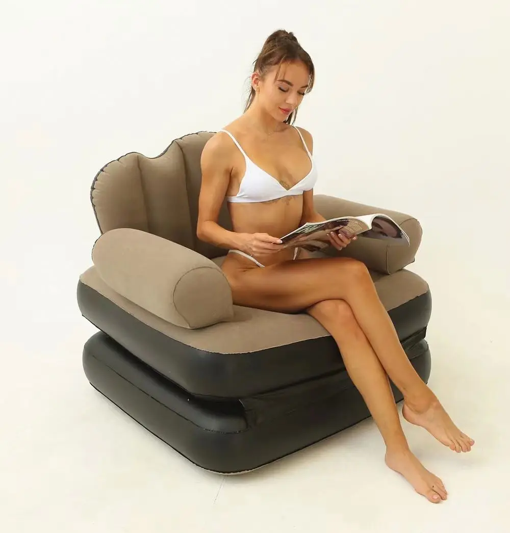 1 New folding dual-purpose inflatable sofa bed thickened flocking PVC lazy sofa afternoon sleeping mattress