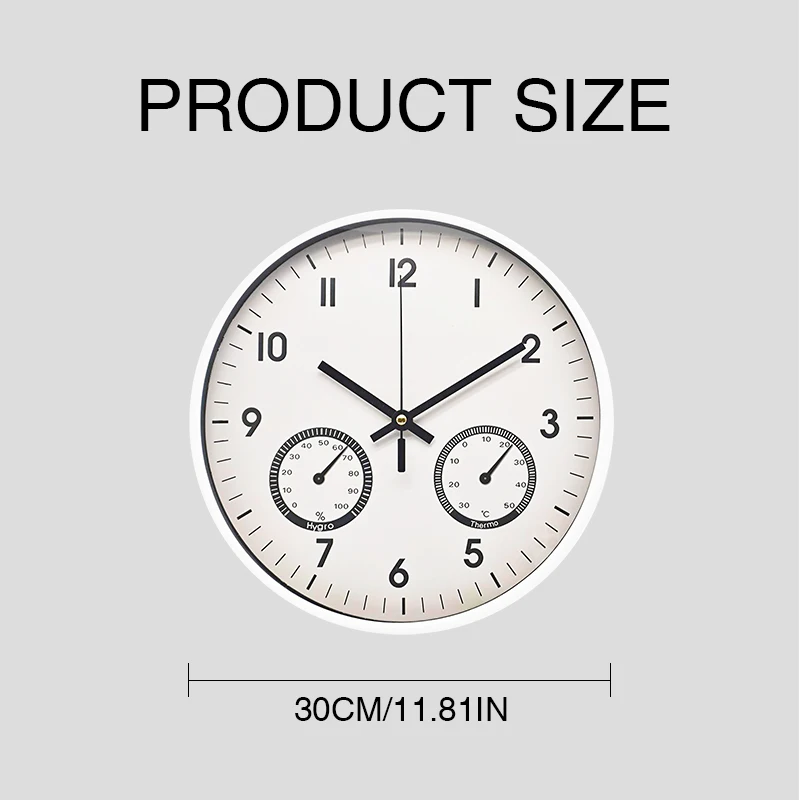 Custom 30cm Modern Wall Hanging Round Plastic Temperature Humidity Decorative Silent Non-Ticking Quartz Digital Clock