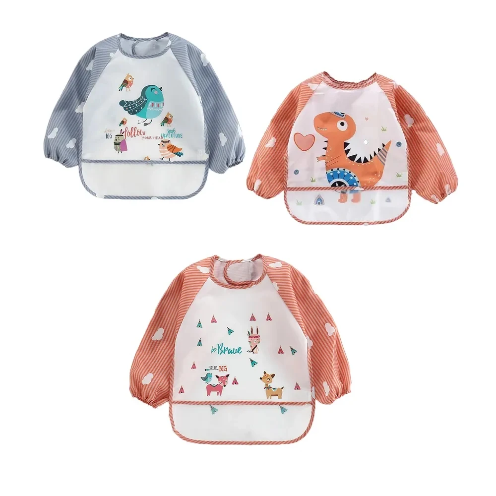 I-0132 Infant Toddler Baby Cartoon Long Sleeve Art Apron Animal Smock Soft Waterproof Baby Eating Bib